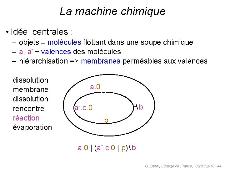 La machine chimique • Idée centrales : – objets molécules flottant dans une soupe
