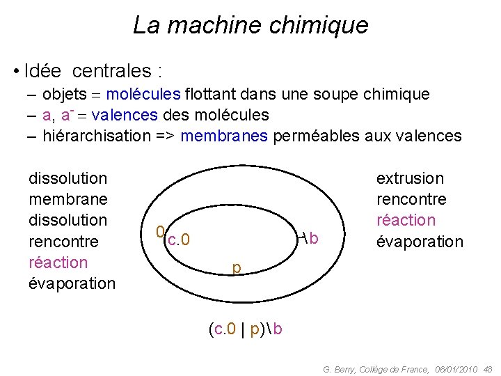 La machine chimique • Idée centrales : – objets molécules flottant dans une soupe