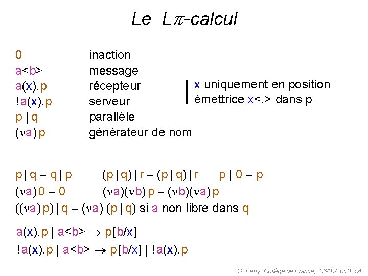 Le L -calcul 0 a<b> a(x). p ! a(x). p p | q (