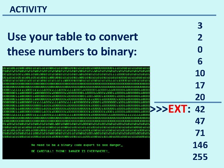 ACTIVITY Use your table to convert these numbers to binary: 3 2 0 6