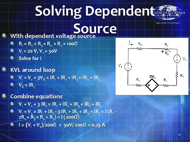 Solving Dependent Source With dependent voltage source R 1 = R 2 = R