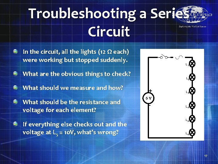 Troubleshooting a Series Circuit In the circuit, all the lights (12 Ω each) were