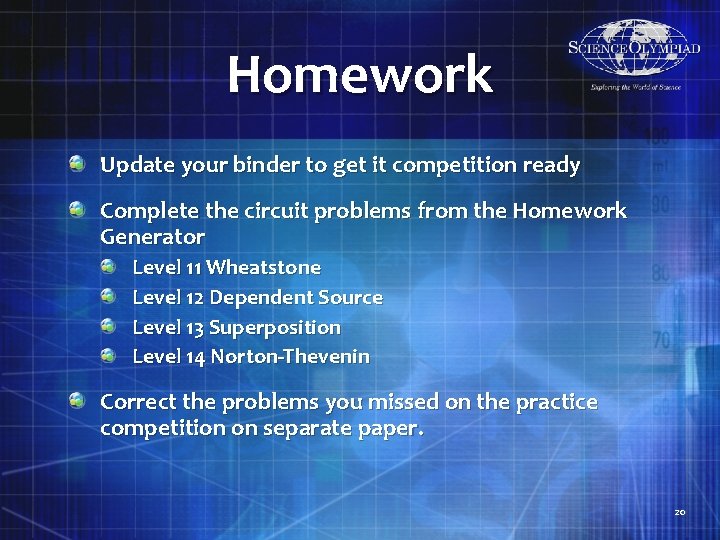 Homework Update your binder to get it competition ready Complete the circuit problems from