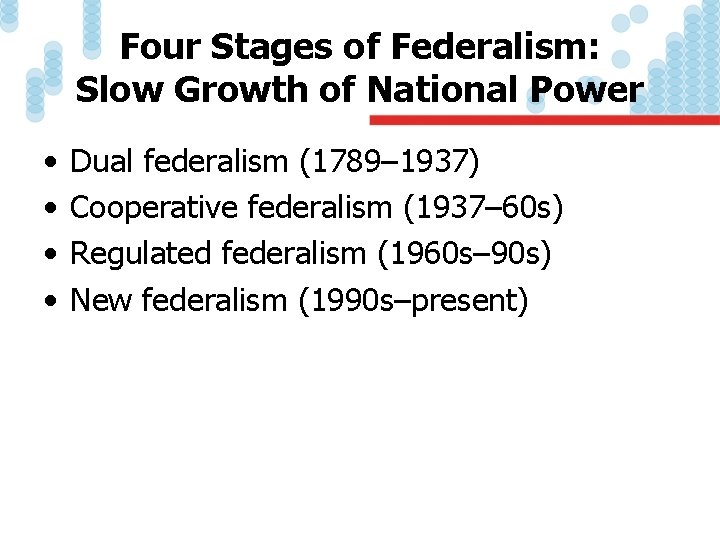 Four Stages of Federalism: Slow Growth of National Power • • Dual federalism (1789–