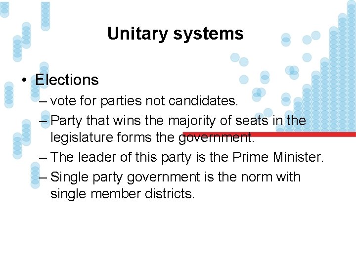 Unitary systems • Elections – vote for parties not candidates. – Party that wins