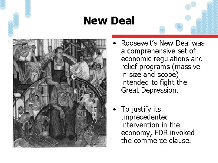 New Deal • Roosevelt’s New Deal was a comprehensive set of economic regulations and