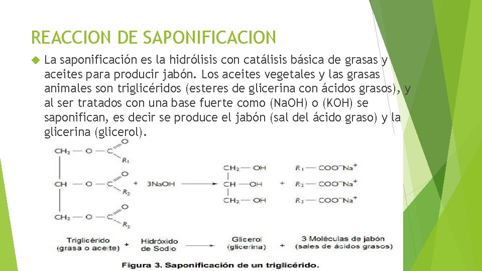 REACCION DE SAPONIFICACION La saponificación es la hidrólisis con catálisis básica de grasas y