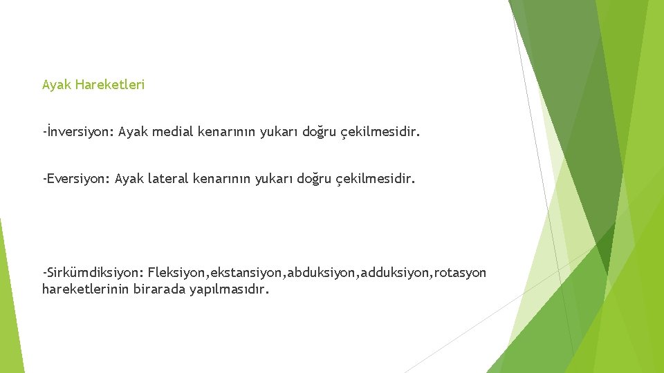 Ayak Hareketleri -İnversiyon: Ayak medial kenarının yukarı doğru çekilmesidir. -Eversiyon: Ayak lateral kenarının yukarı