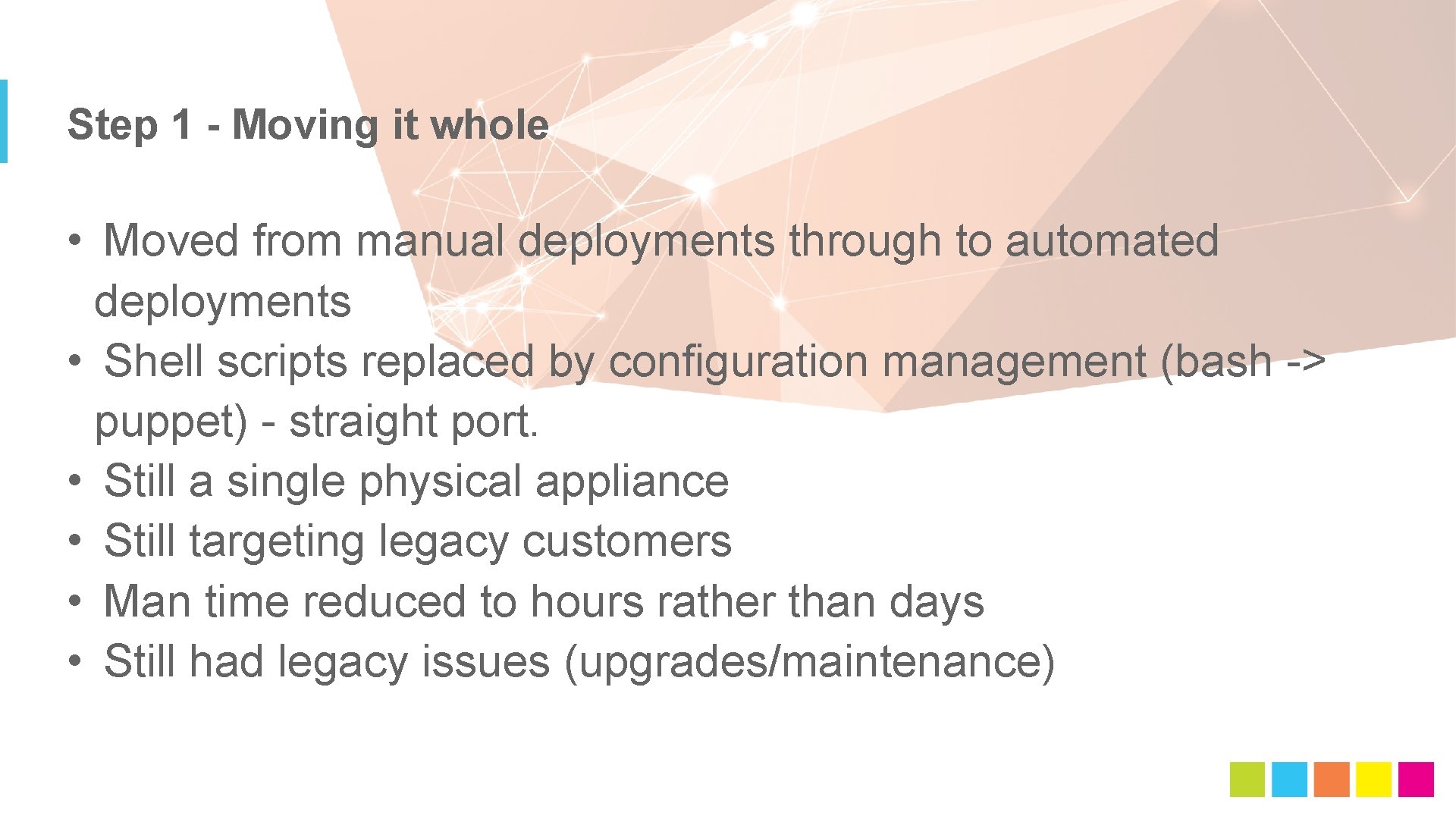 Step 1 - Moving it whole • Moved from manual deployments through to automated