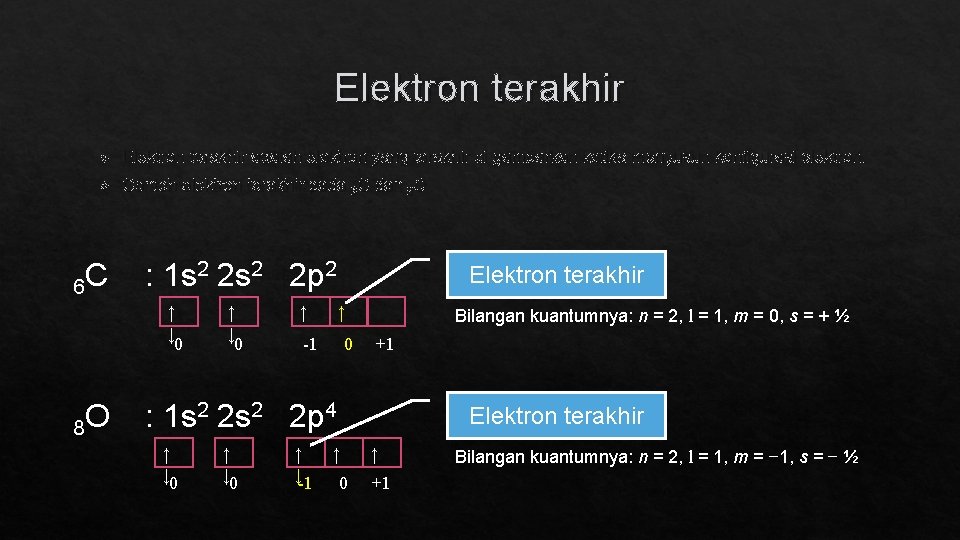 Elektron terakhir adalah elektron yang terakhir di gambarkan ketika menyusun konfigurasi elektron. Contoh elektron