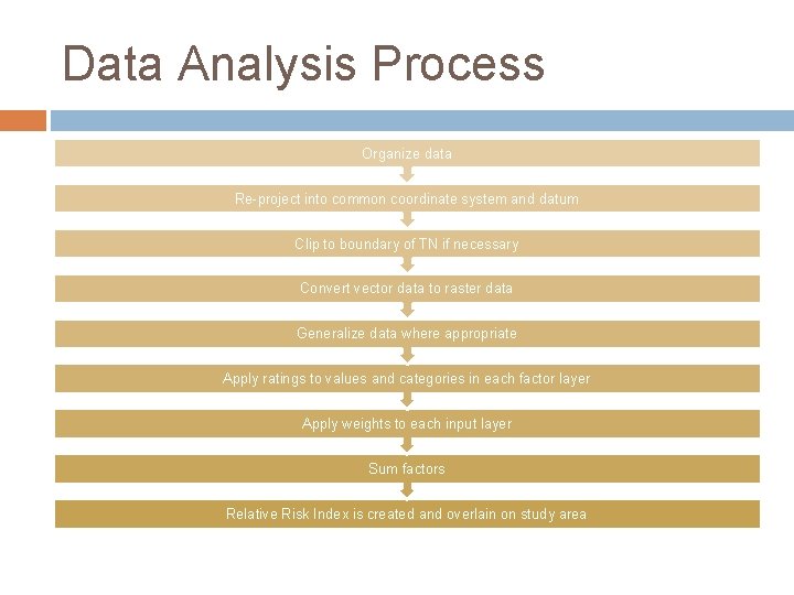 Data Analysis Process Organize data Re-project into common coordinate system and datum Clip to