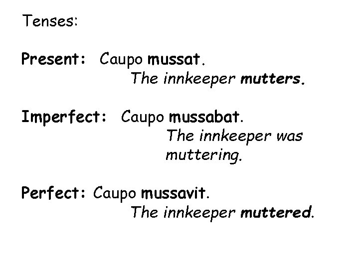 Tenses: Present: Caupo mussat. The innkeeper mutters. Imperfect: Caupo mussabat. The innkeeper was muttering.