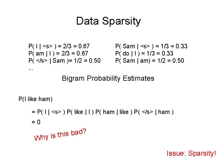 Data Sparsity P( I | <s> ) = 2/3 = 0. 67 P( am