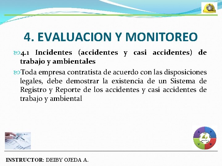 4. EVALUACION Y MONITOREO 4. 1 Incidentes (accidentes y casi accidentes) de trabajo y