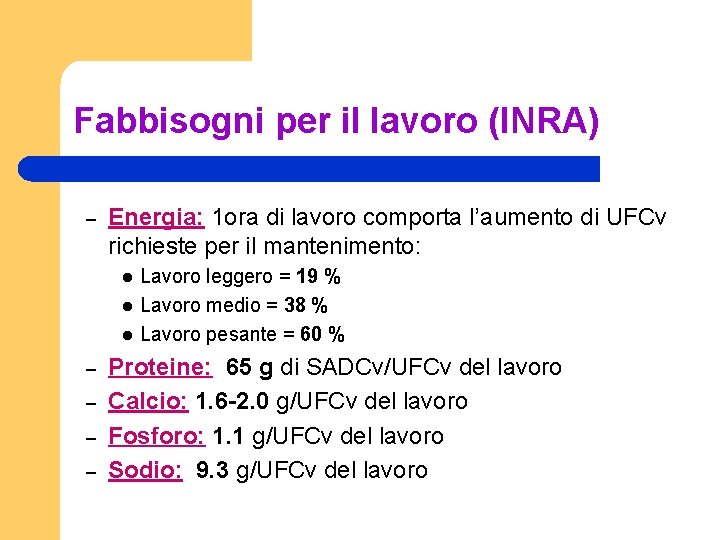 Fabbisogni per il lavoro (INRA) – Energia: 1 ora di lavoro comporta l’aumento di
