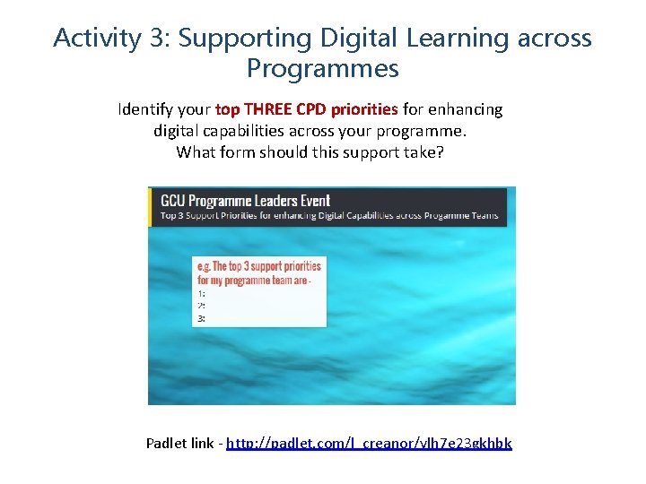 Activity 3: Supporting Digital Learning across Programmes Identify your top THREE CPD priorities for