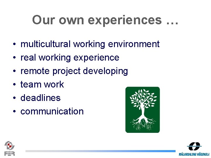 Our own experiences … • • • multicultural working environment real working experience remote