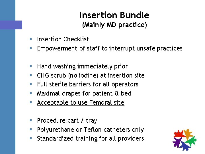 Insertion Bundle (Mainly MD practice) § Insertion Checklist § Empowerment of staff to interrupt