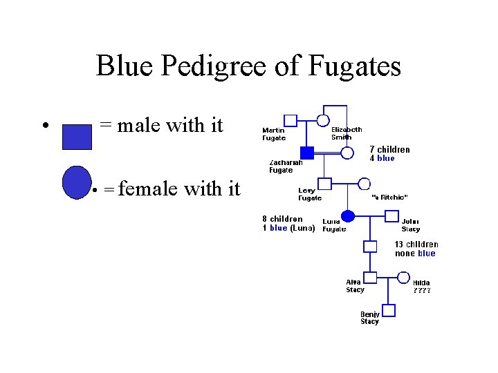 Blue Pedigree of Fugates • = male with it • = female with it