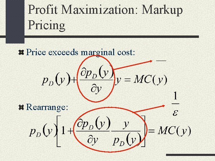 Profit Maximization: Markup Pricing Price exceeds marginal cost: Rearrange: 