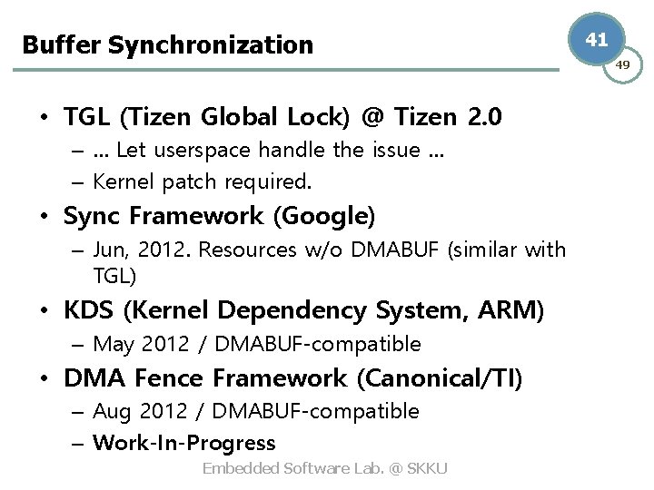 Buffer Synchronization • TGL (Tizen Global Lock) @ Tizen 2. 0 – … Let