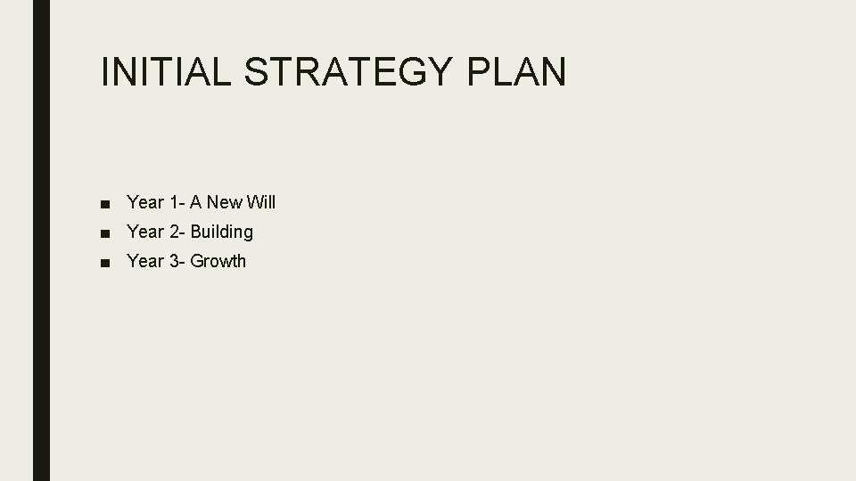 INITIAL STRATEGY PLAN ■ Year 1 - A New Will ■ Year 2 -