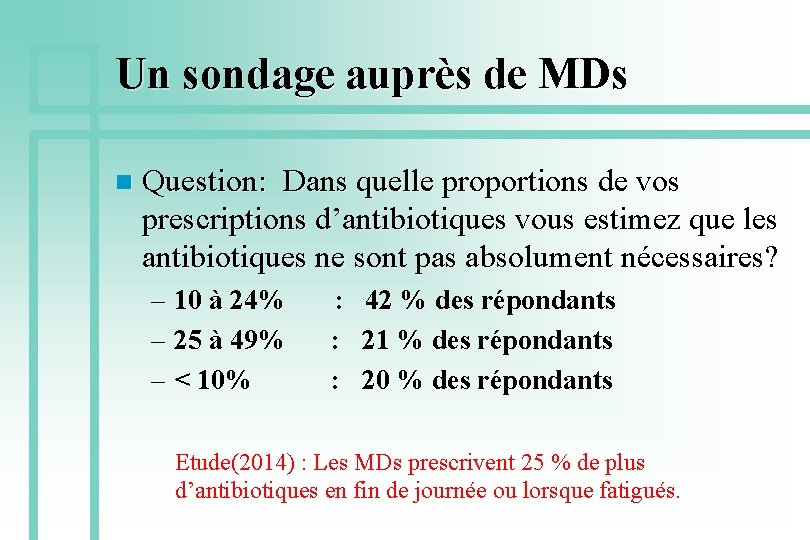 Un sondage auprès de MDs n Question: Dans quelle proportions de vos prescriptions d’antibiotiques