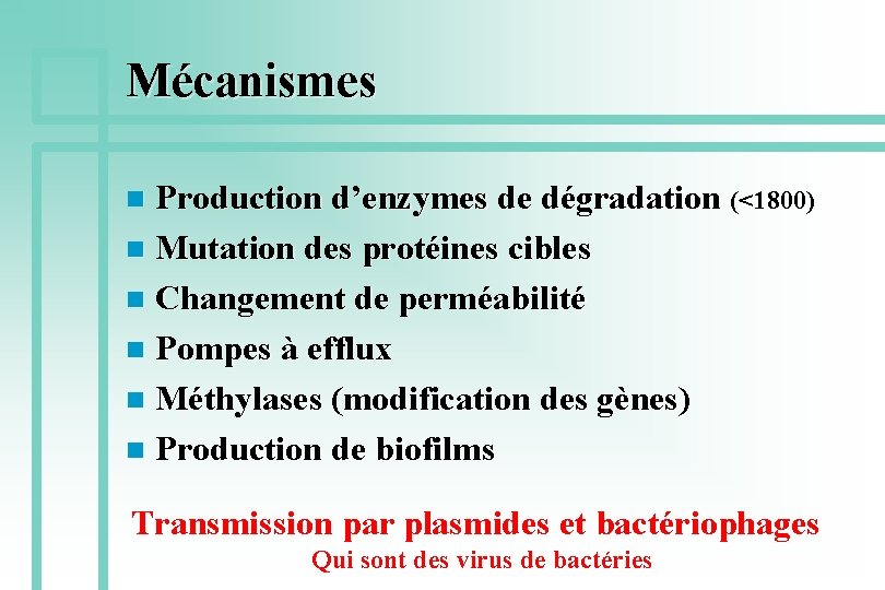 Mécanismes Production d’enzymes de dégradation (<1800) n Mutation des protéines cibles n Changement de