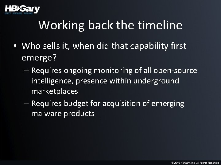 Working back the timeline • Who sells it, when did that capability first emerge?