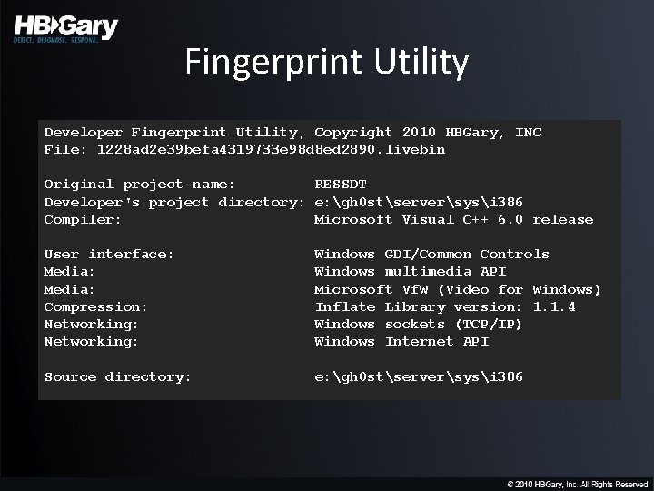 Fingerprint Utility Developer Fingerprint Utility, Copyright 2010 HBGary, INC File: 1228 ad 2 e