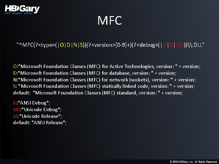 MFC "^MFC(? <type>(|O|D|N|S))(? <version>[0 -9]+)(? <debug>(|U|D|UD))\. DLL" O: "Microsoft Foundation Classes (MFC) for Active