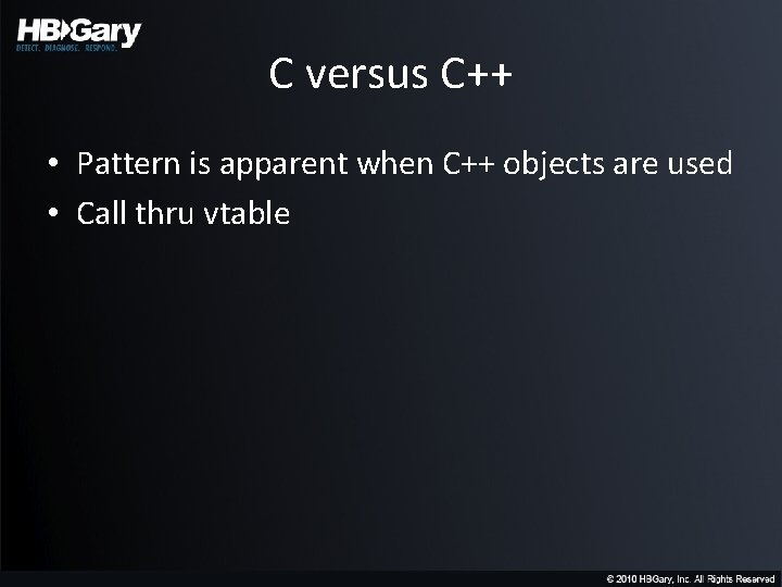 C versus C++ • Pattern is apparent when C++ objects are used • Call