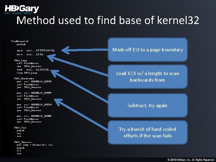 Method used to find base of kernel 32 Find. Kernel 32: pushad and mov