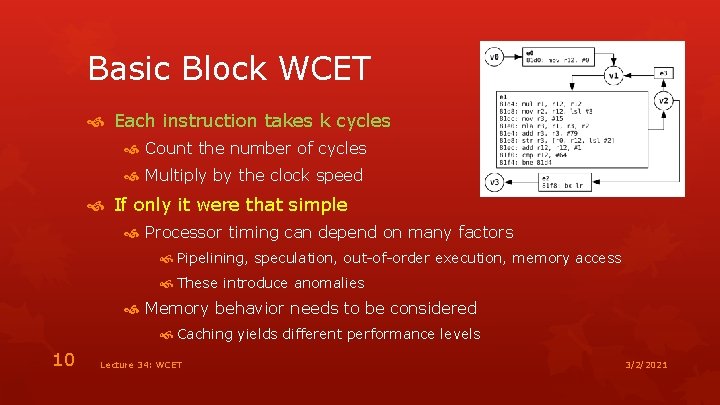 Basic Block WCET Each instruction takes k cycles Count the number of cycles Multiply