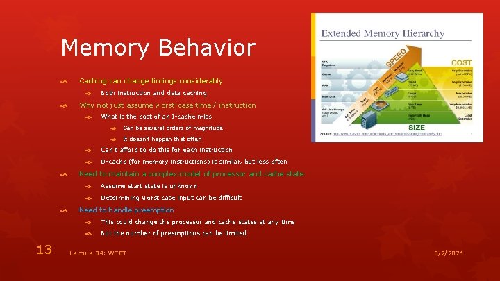 Memory Behavior Caching can change timings considerably Why not just assume worst-case time /