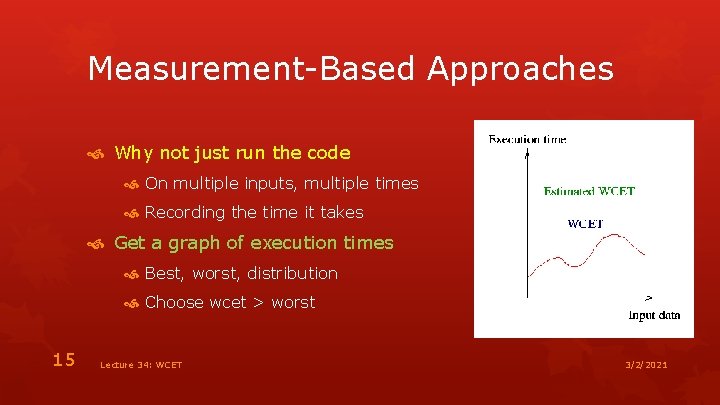 Measurement-Based Approaches Why not just run the code On multiple inputs, multiple times Recording