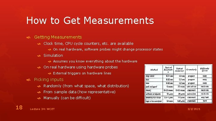 How to Get Measurements Getting Measurements Clock time, CPU cycle counters, etc. are available