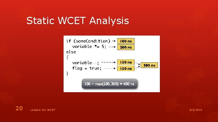 Static WCET Analysis 20 Lecture 34: WCET 3/2/2021 