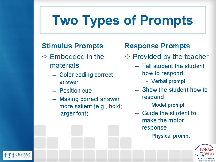 Two Types of Prompts Stimulus Prompts Response Prompts ² Embedded in the materials ² Two Types of Prompts Stimulus Prompts Response Prompts ² Embedded in the materials ²