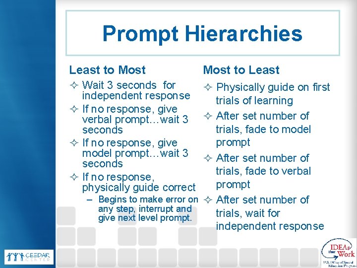 Prompt Hierarchies Least to Most to Least ² Wait 3 seconds for ² Physically