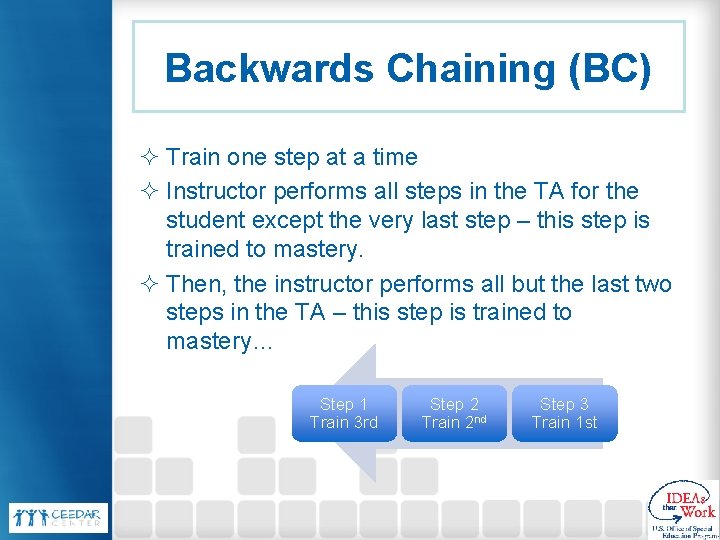 Backwards Chaining (BC) ² Train one step at a time ² Instructor performs all