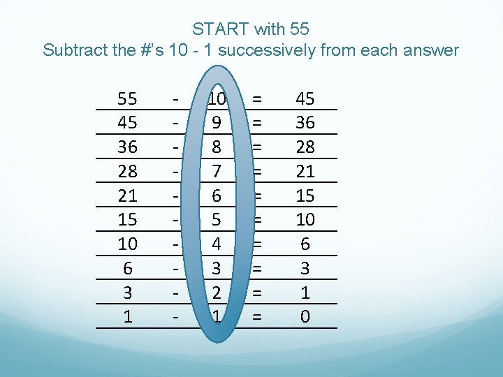START with 55 Subtract the #’s 10 - 1 successively from each answer 55