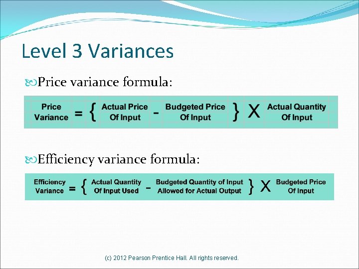 Level 3 Variances Price variance formula: Efficiency variance formula: (c) 2012 Pearson Prentice Hall.