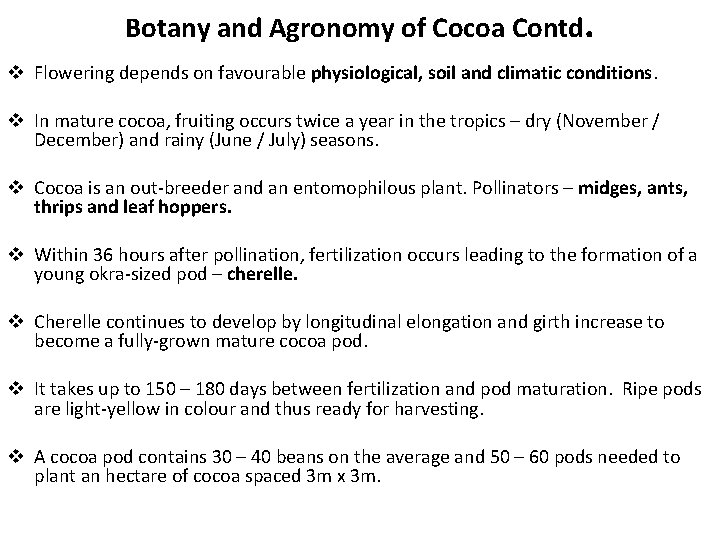 Botany and Agronomy of Cocoa Contd. v Flowering depends on favourable physiological, soil and