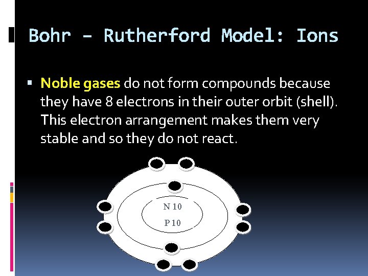 Bohr – Rutherford Model: Ions Noble gases do not form compounds because they have