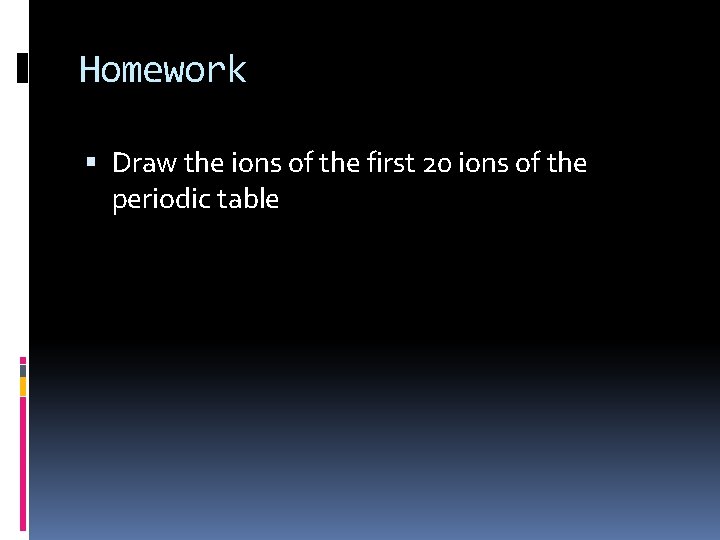 Homework Draw the ions of the first 20 ions of the periodic table 