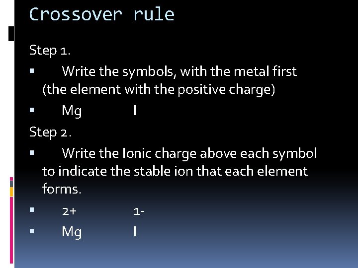 Crossover rule Step 1. Write the symbols, with the metal first (the element with