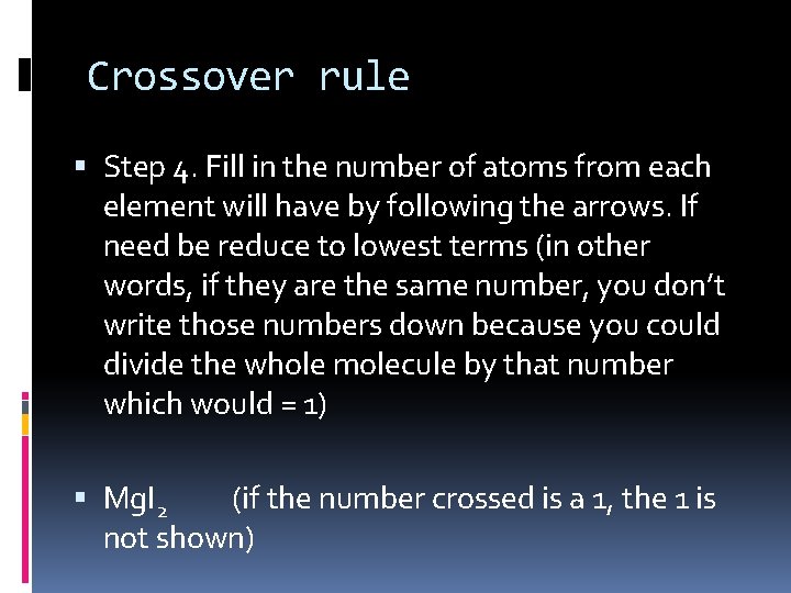 Crossover rule Step 4. Fill in the number of atoms from each element will
