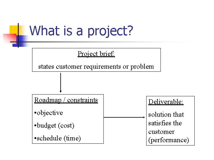 What is a project? Project brief: states customer requirements or problem Roadmap / constraints