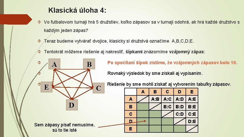 Klasická úloha 4: Vo futbalovom turnaji hrá 5 družstiev, koľko zápasov sa v turnaji